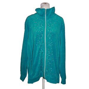 DD Lifestyle Womens Teal Blue Velour Full Zip Studded Jacket Plus Size 1X